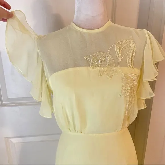 70s Jack Bryan Pale Butter Yellow Chiffon Evening Maxi Dress Size small - Picture 5 of 9